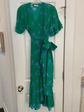 Tanya Taylor 100% Silk Green with Blue Floral Runway Blaire Dress in Size 2